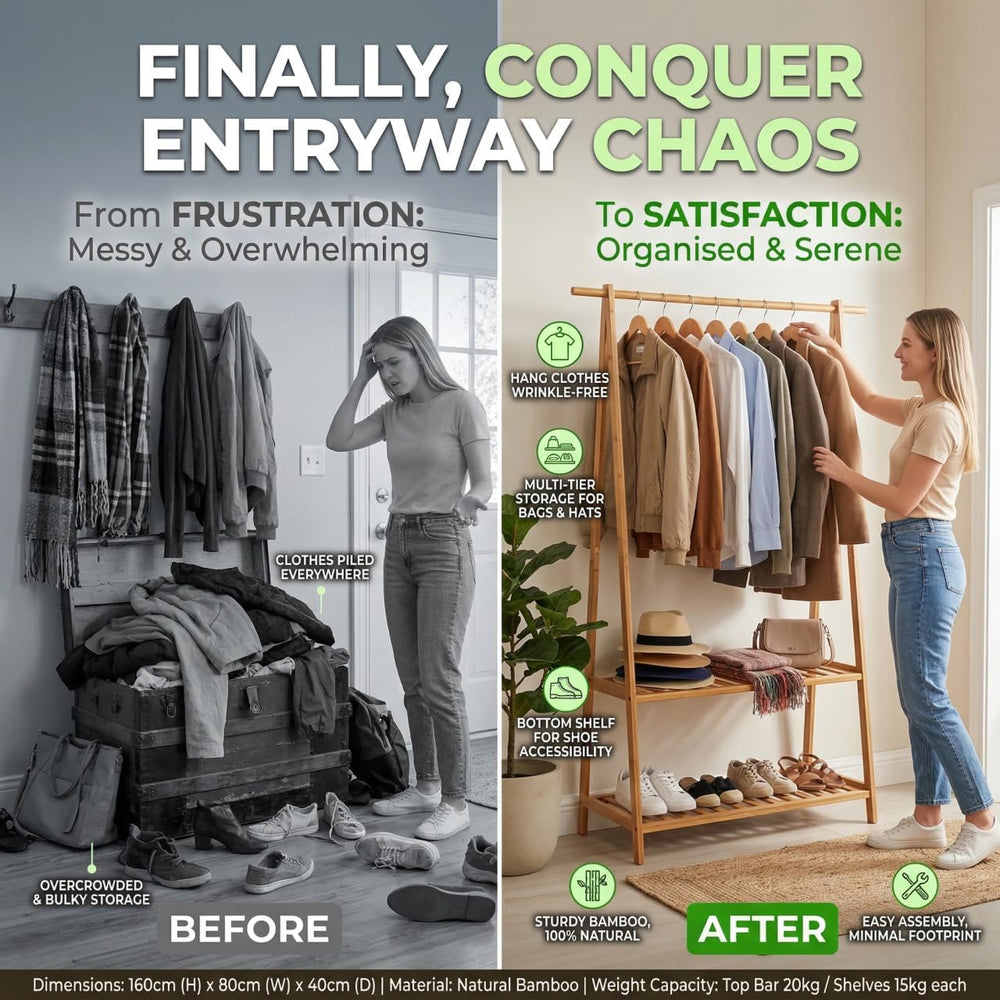 Finnhomy Bamboo Clothes Rack Portable Extra Large Garment Rack 2-Tire Storage...