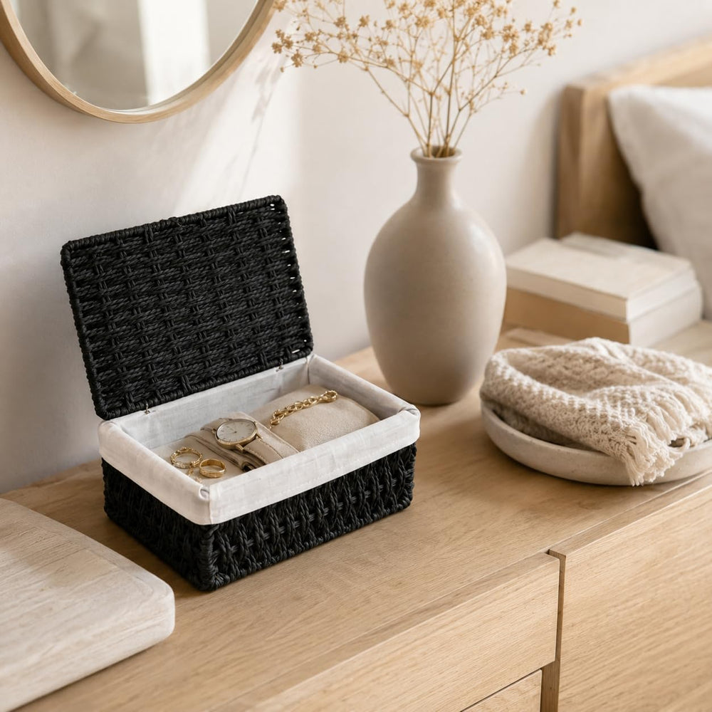 Woven Basket with Lid, Set of 3 Nesting Baskets - Black