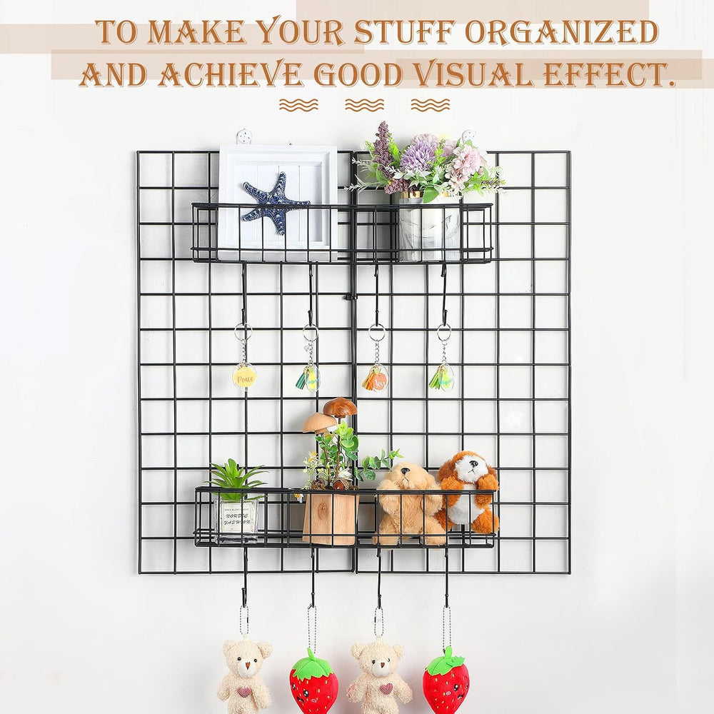 Black 4 Pack Grid Wall Hanging Baskets with 16 S Hooks, 15.8 x 3.9 x 3.2 Inch...