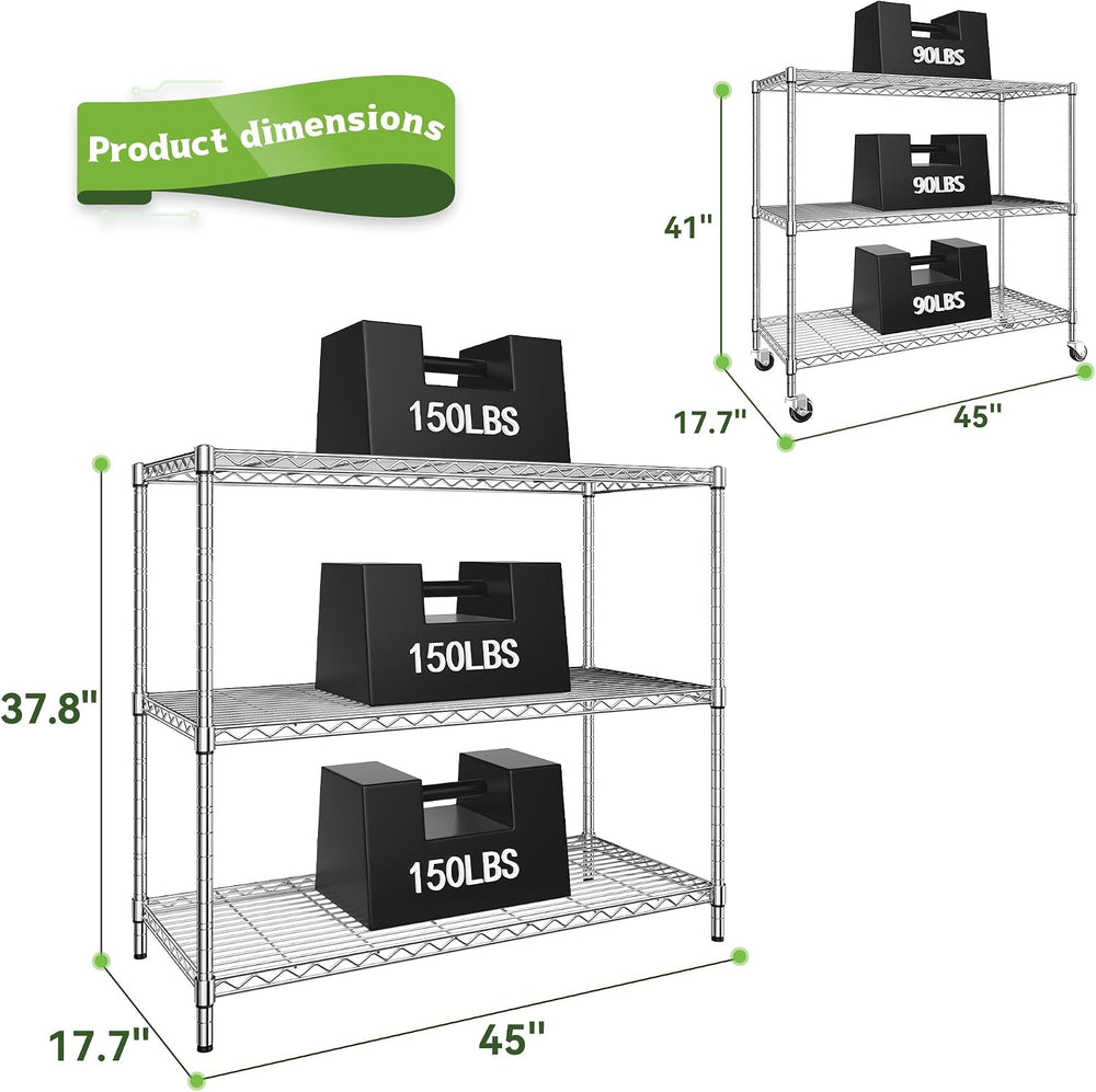 DurayLoly 45" W 3-Tier Metal Shelf on Wheels,450lbs,Kitchen, Laundry,Garage