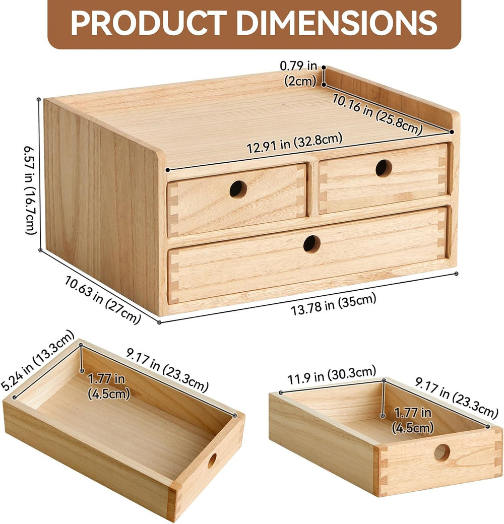 KIRIGEN Wooden Desk Organizer with 3 Drawers and Top Tray Natural DT2D3C-NA