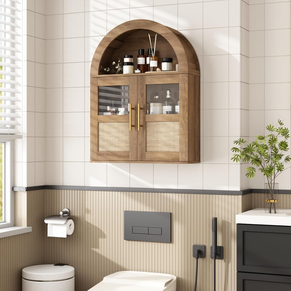 RUSTOWN Arched Bathroom Wall Cabinet with 2 Glass & Rattan Doors