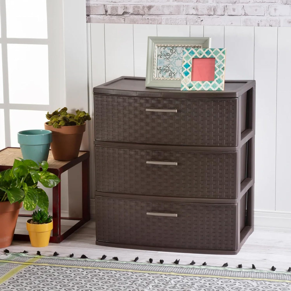 Sterilite Wide 3 Drawer Storage Organizer Tower, Weave - Espresso, 2 Pack