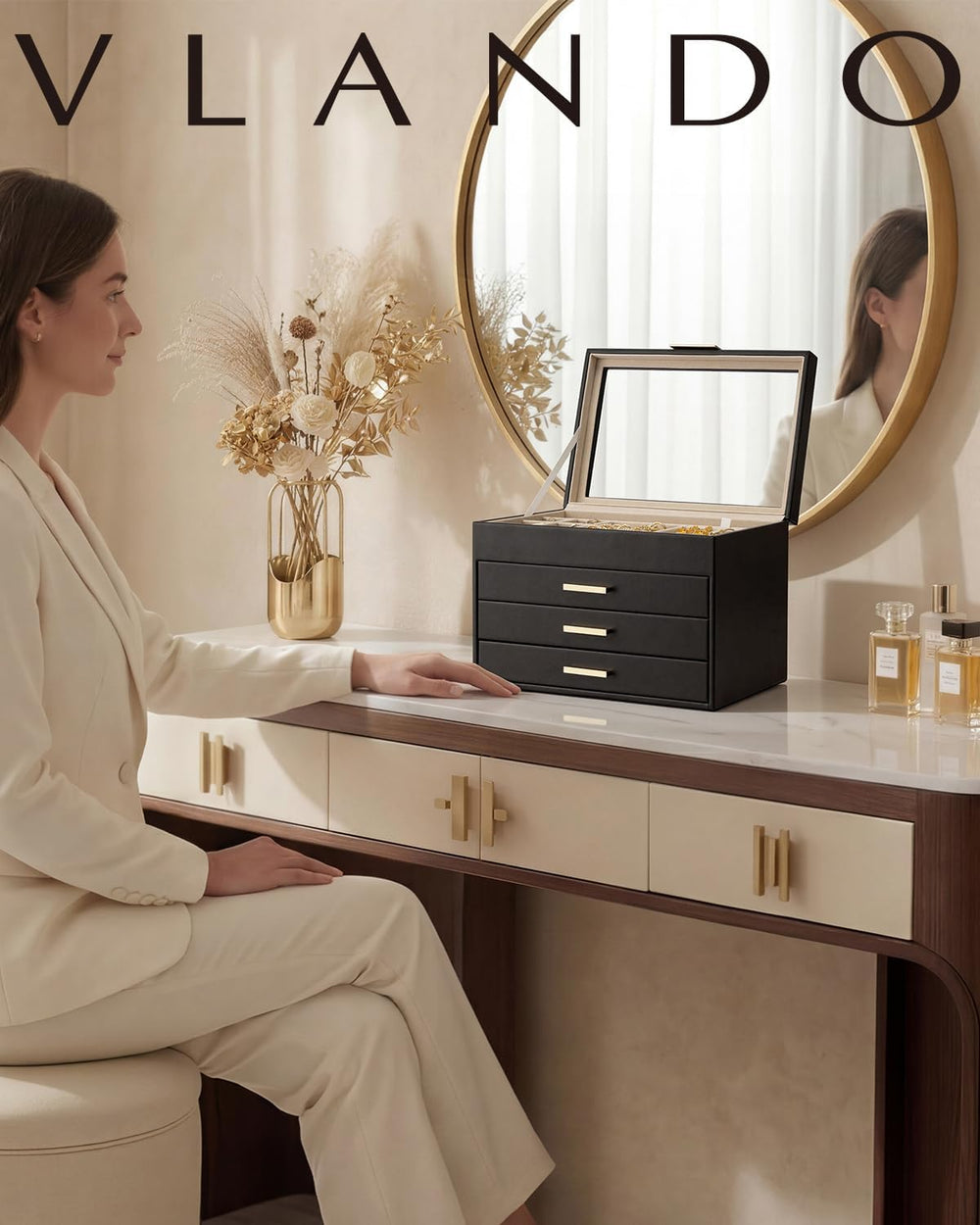 VLANDO Jewelry Box Organizer, 4-Layer Storage with Glass Window