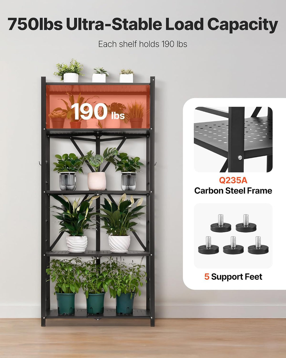 VEVOR 5-Tier Foldable Storage Shelf, 28W x 15D x 64H Inch Folding Metal Rack ...