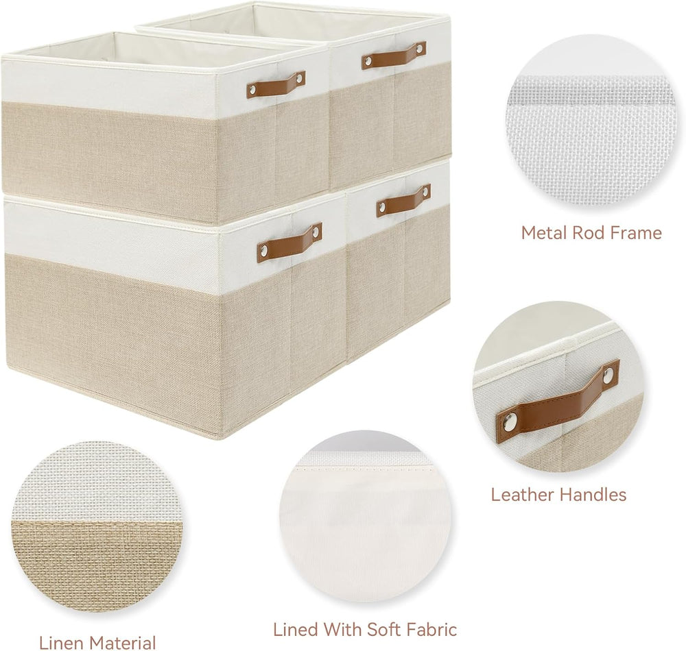 SNWDN 6 Pack Collapsible Fabric Storage Baskets with Handles (White/Beige 15&...