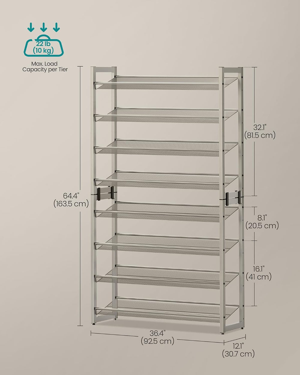 SONGMICS Metal Shoe Rack, 8-Tier Shoe Orgainzer, Holds 32-40 Pairs