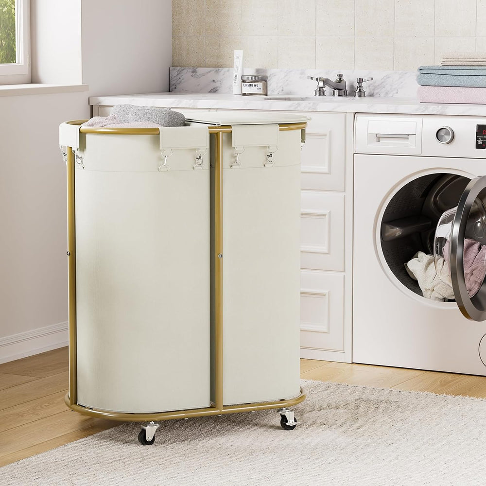 200L Double Laundry Hamper with Lid & Wheels, Oval Rolling Laundry Basket
