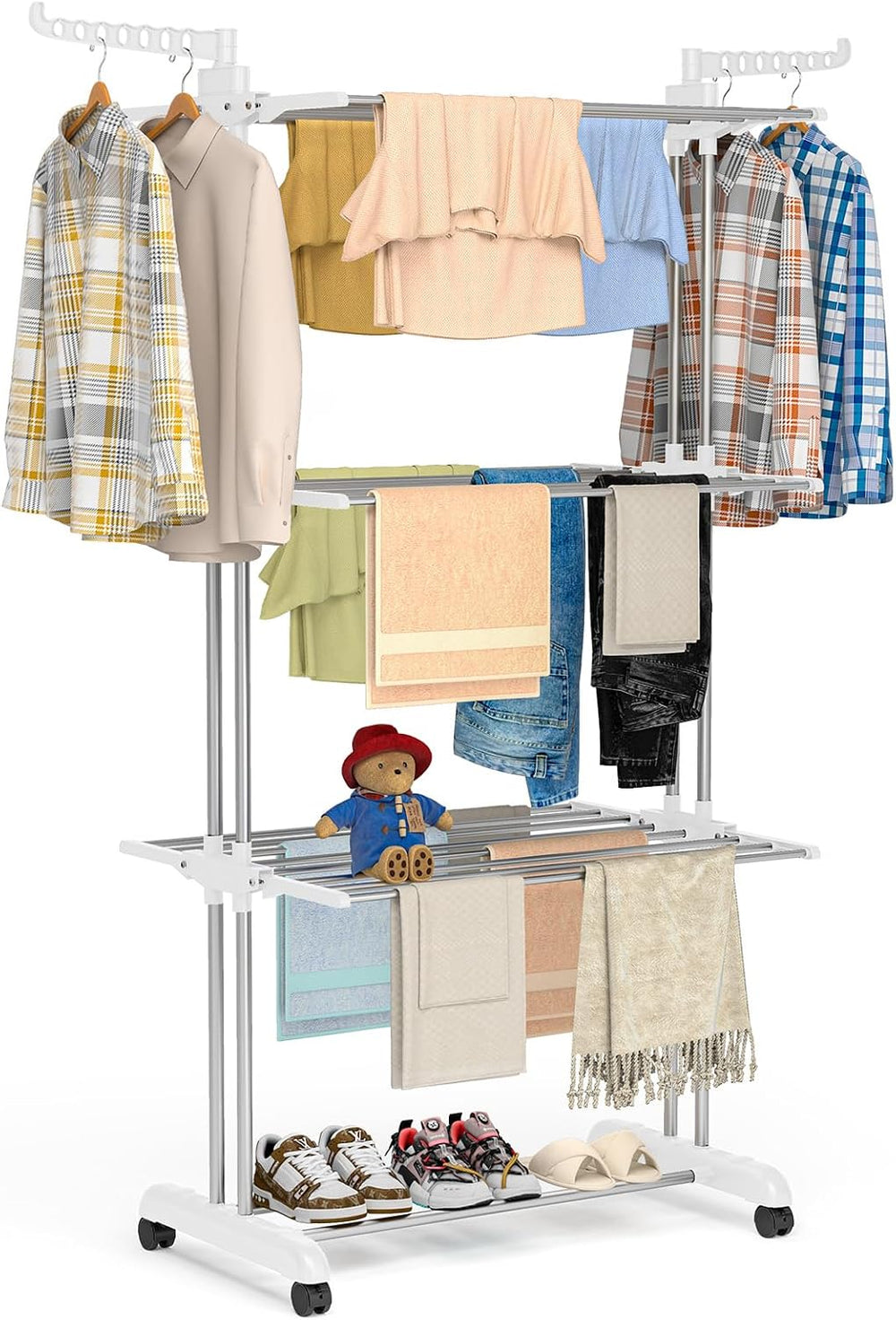 Bigzzia Clothes Drying Rack Folding with Wheels Laundry Rack 4 Tier