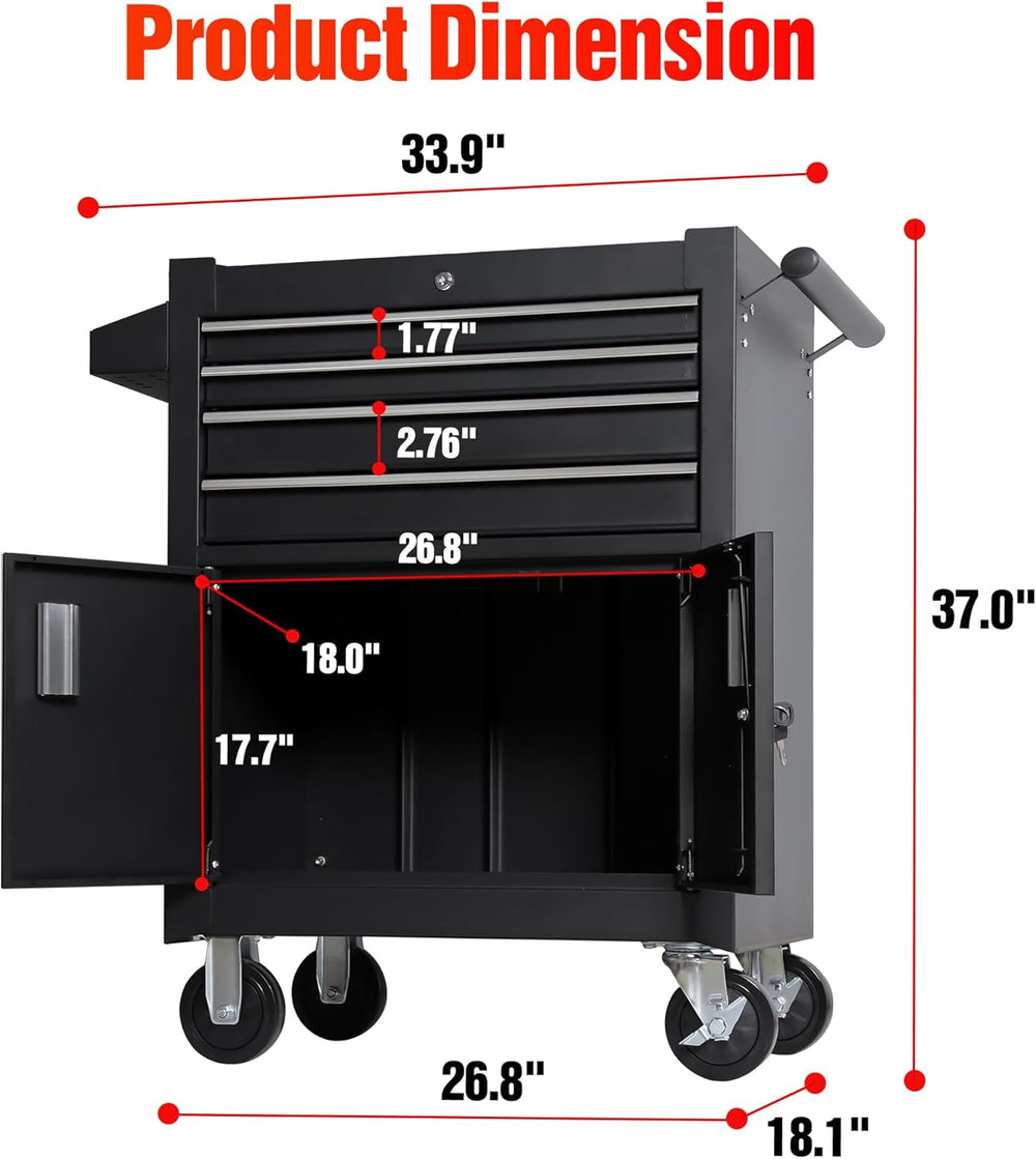4-Drawer Rolling Tool Chest with Cabinet, Heavy Duty Metal Tool Box on Wheels...