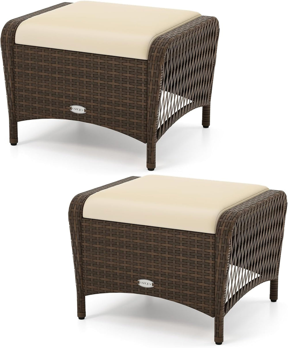 RELAX4LIFE 2-Piece Wicker Outdoor Ottoman - Rattan Footstools w/Removable Cus...