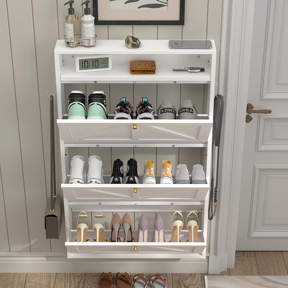 Modern Slim Shoe Organizer, 3 Flip Shoe Cabinet with Open Storage, Narrow Sho...