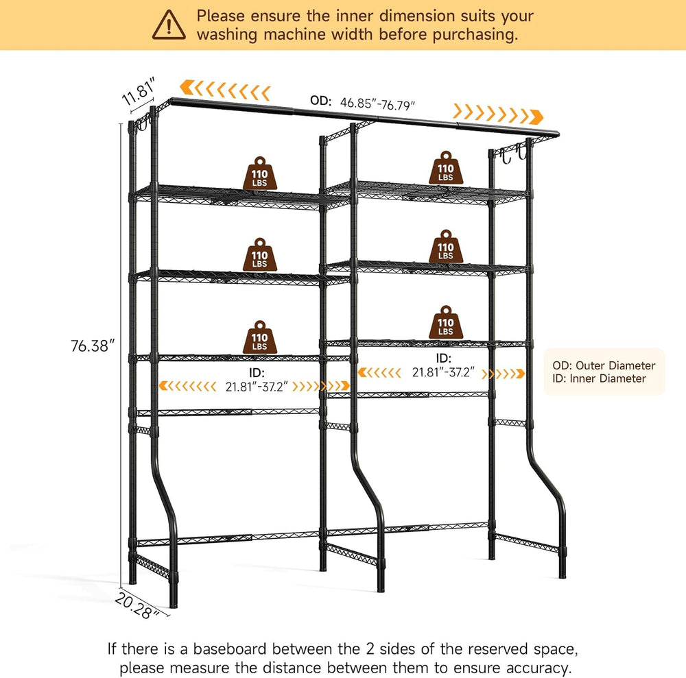 ONBRILL 6 Tiers Expandable Over Washer and Dryer Shelves, Black
