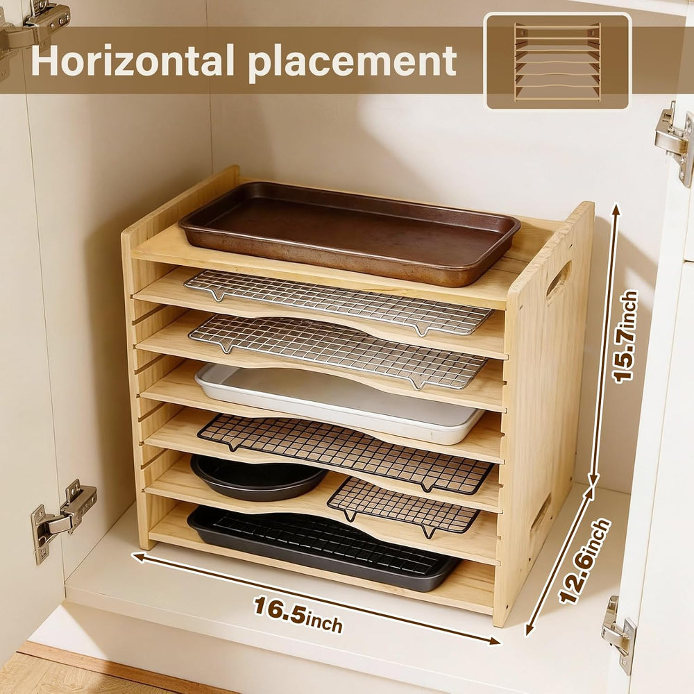 6 Tier Wooden Tray Dividers for Cabinets, Cookie Sheet Organizer 15.7" W...