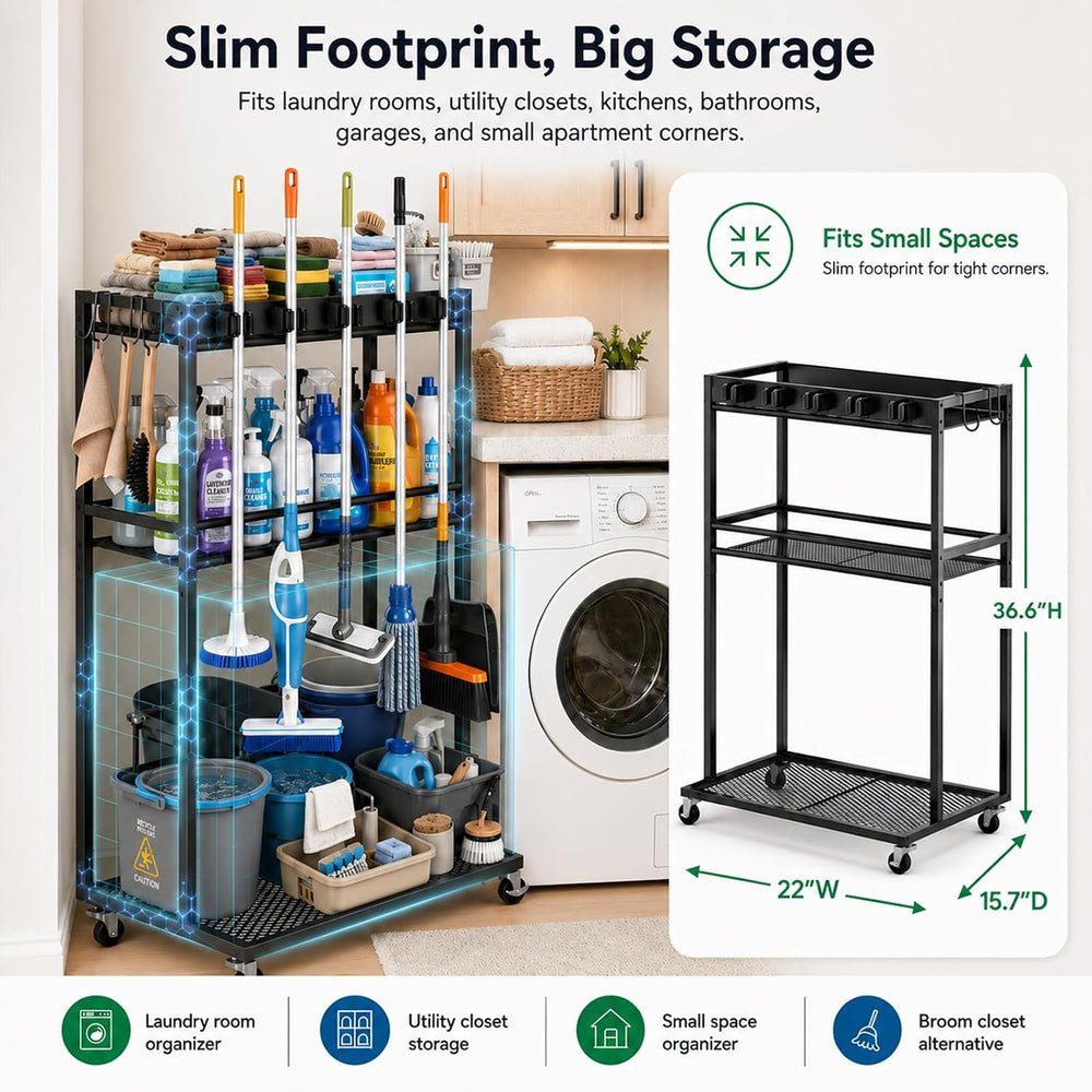 Cleaning Supplies Organizer Cart with Wheels, Broom and Mop Holder with 5 Gri...