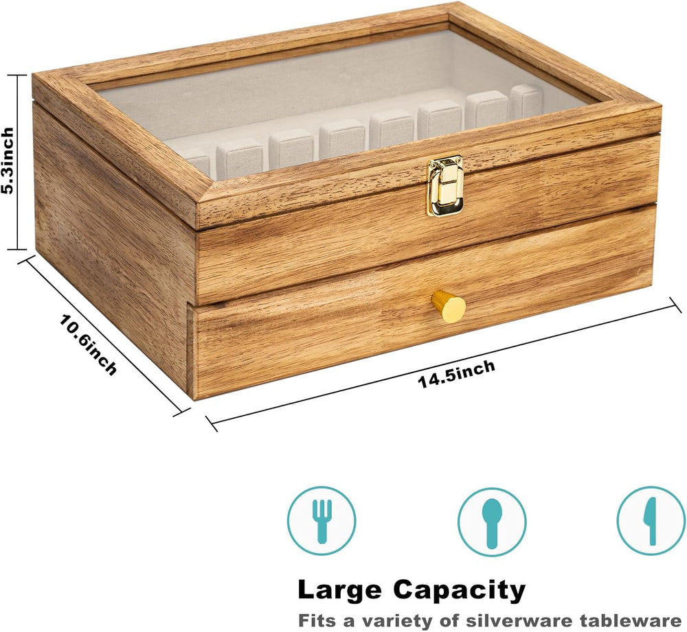 Silverware Box, 2-Layer Wooden Silverware Storage Box with Glass Lid, 14.5×10...