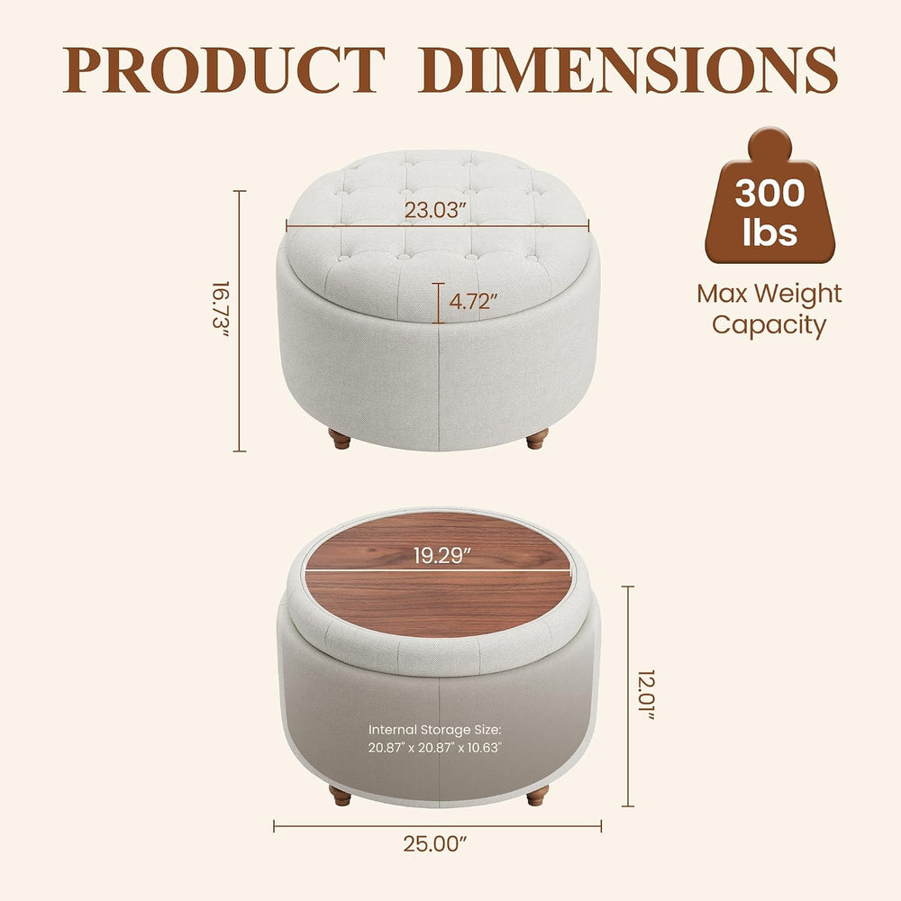 25" Round Ottoman with Storage, Small Coffee Table with Reversible Tray Lid