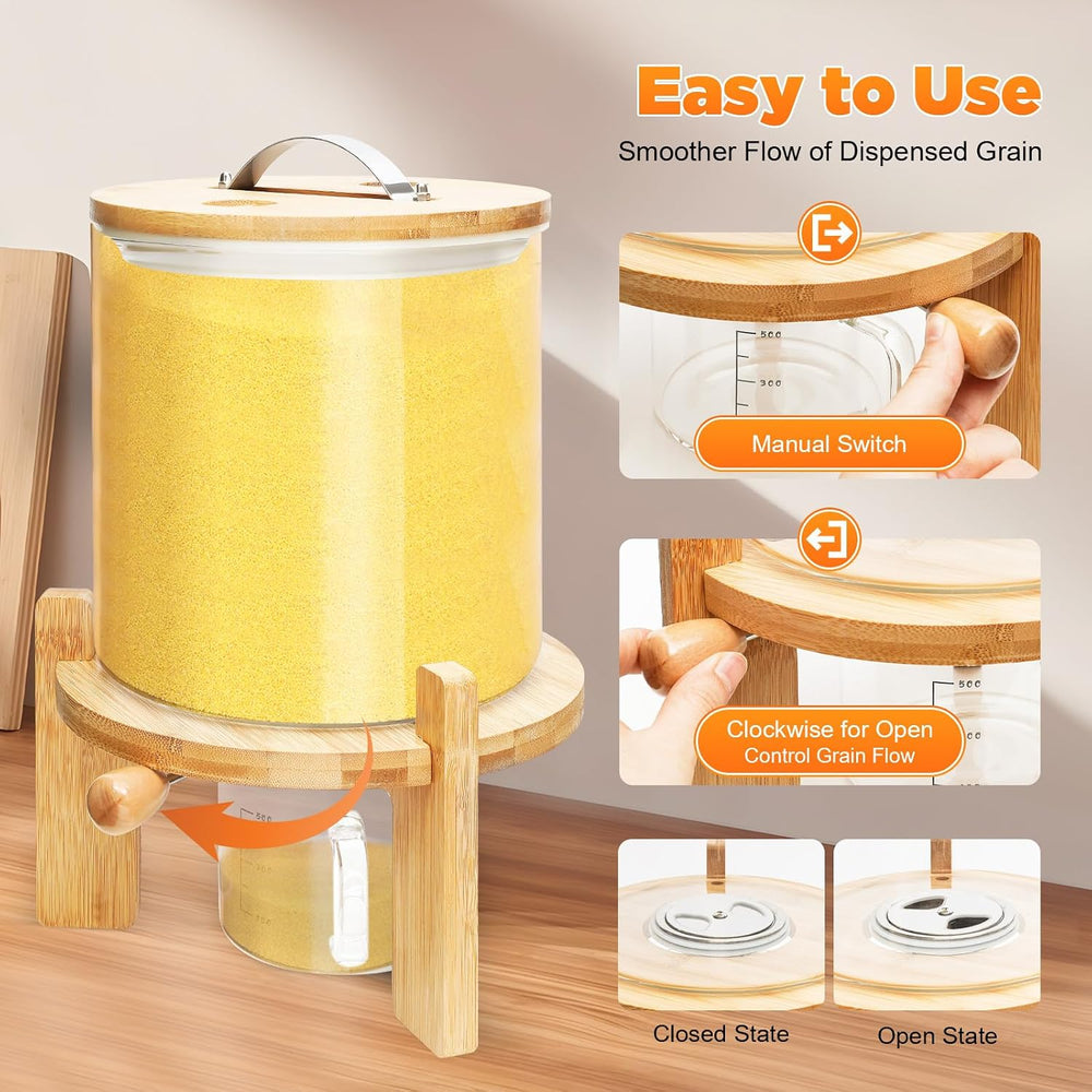 Glass Rice Dispenser, 5L Countertop Flour Cereal Container w/ Bamboo Stand