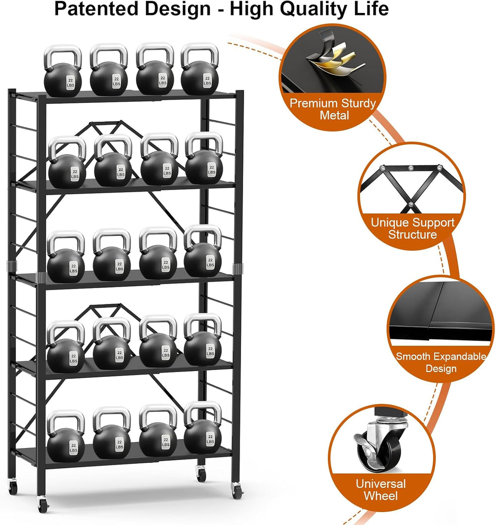 Himix 5-Tier Foldable Expandable Storage Shelves Wheels Kitchen 2-in-1 Rack