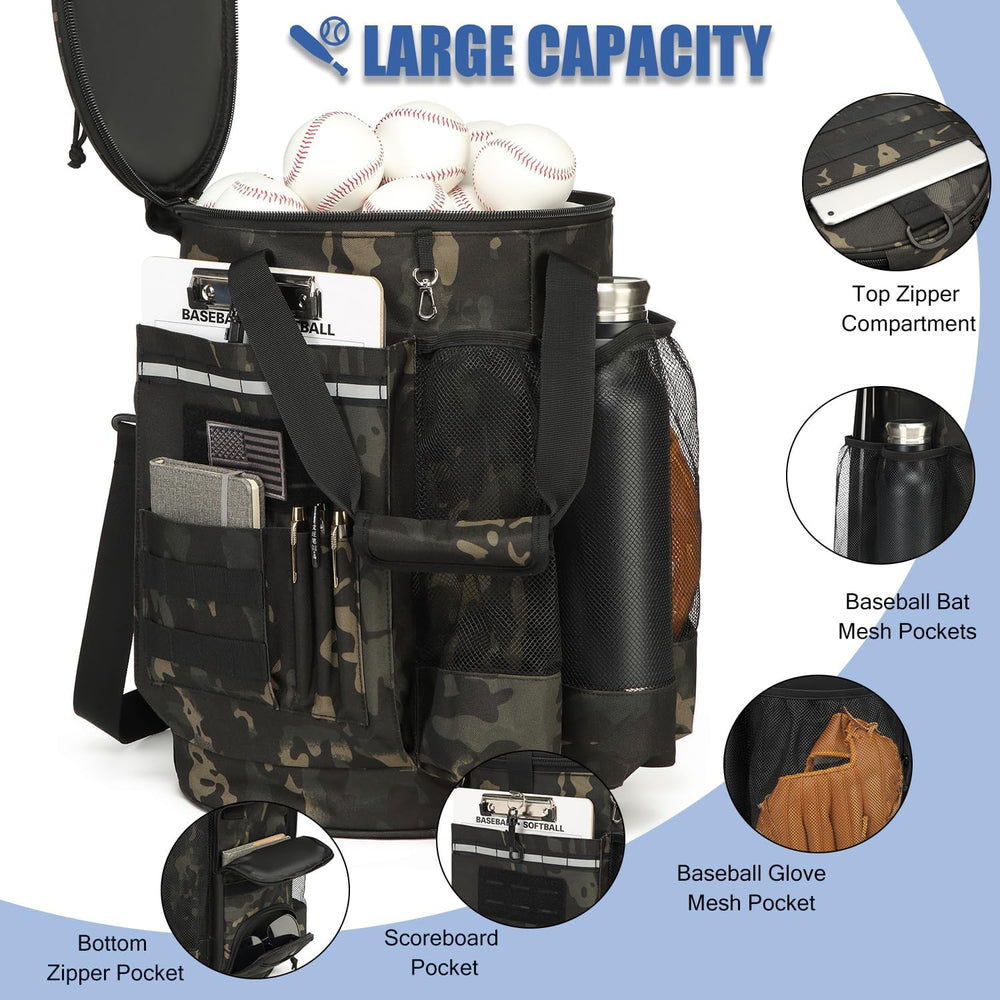Baseball Bucket Bag 6 Gallon Multi Pockets Softball Coaching Equipment Bag
