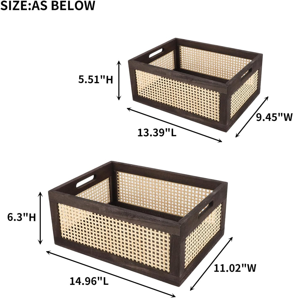 Rattan Wooden Storage Basket with Handle, Brown Set of 2
