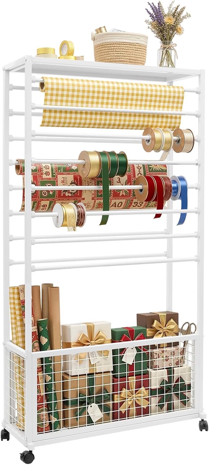 Ribbon Organizer Rack, Double-Sided 16 Tier Ribbon Storage Holder, Floral Wra...