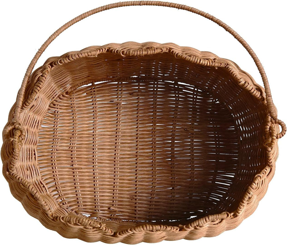 Scalloped Round Basket with Handle, Super Sturdy Wicker Storage Baskets, Hand...