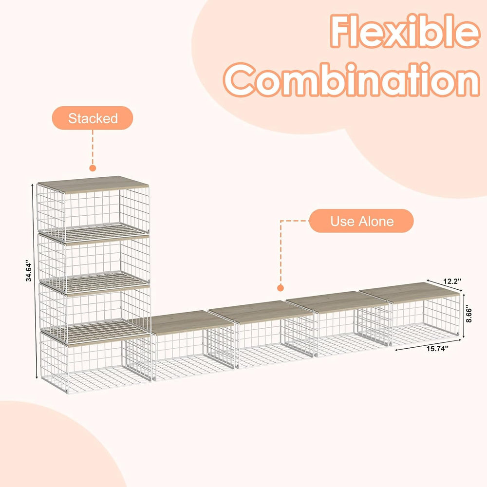 Hencawima 4 Pack Stackable Closet Storage Shelf Organizer Metal White