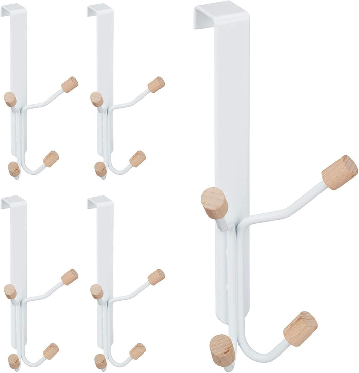 Relaxdays Set of 5 Door Fourfold Hooks, Scandinavian, Iron & Wood, Hanging Coat Rack HxWxD: 19 x 9 x 8 cm, White/Natural