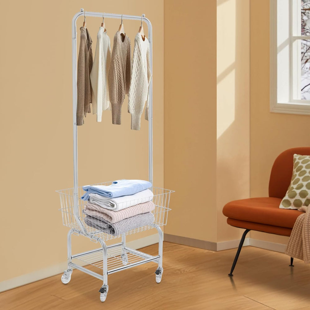 Wire Laundry Cart, Commercial Laundry Basket with Rack and Wheels