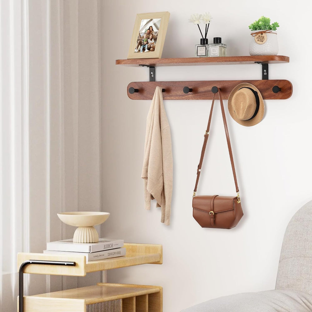 Coat Rack Wall Mount with Shelf, 22" Walnut Wood Wall Shelf with Hooks, ...