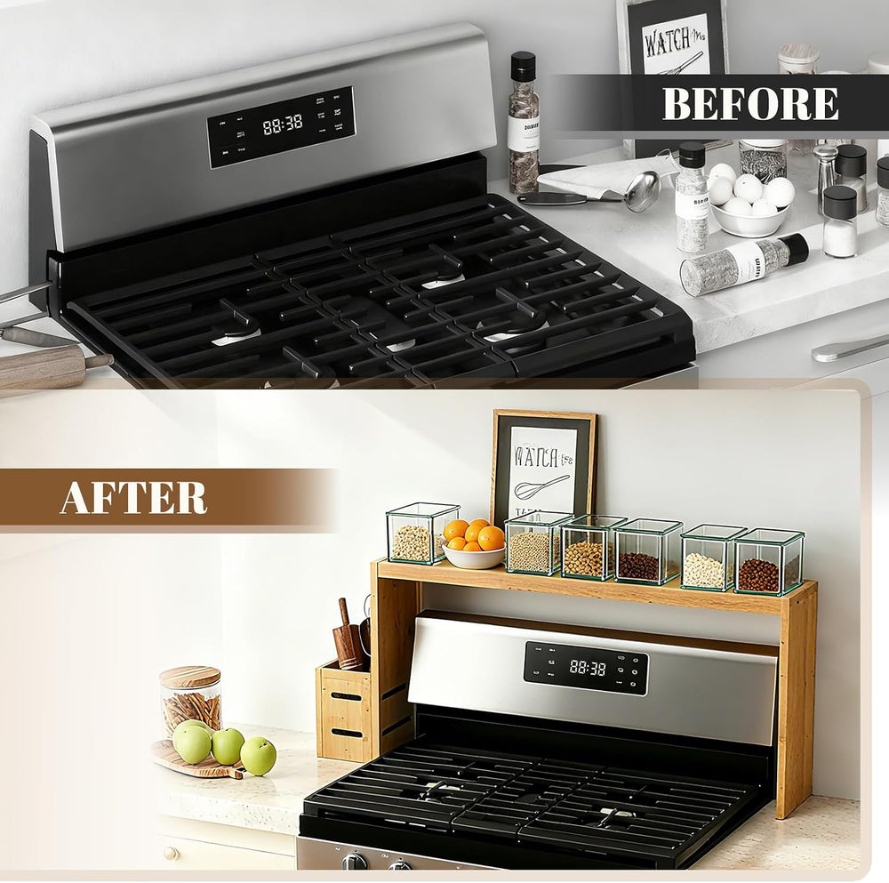 Over The Stove Shelf Wooden,Bamboo Spice Rack for Above the Kitchen Hob,31.5-...