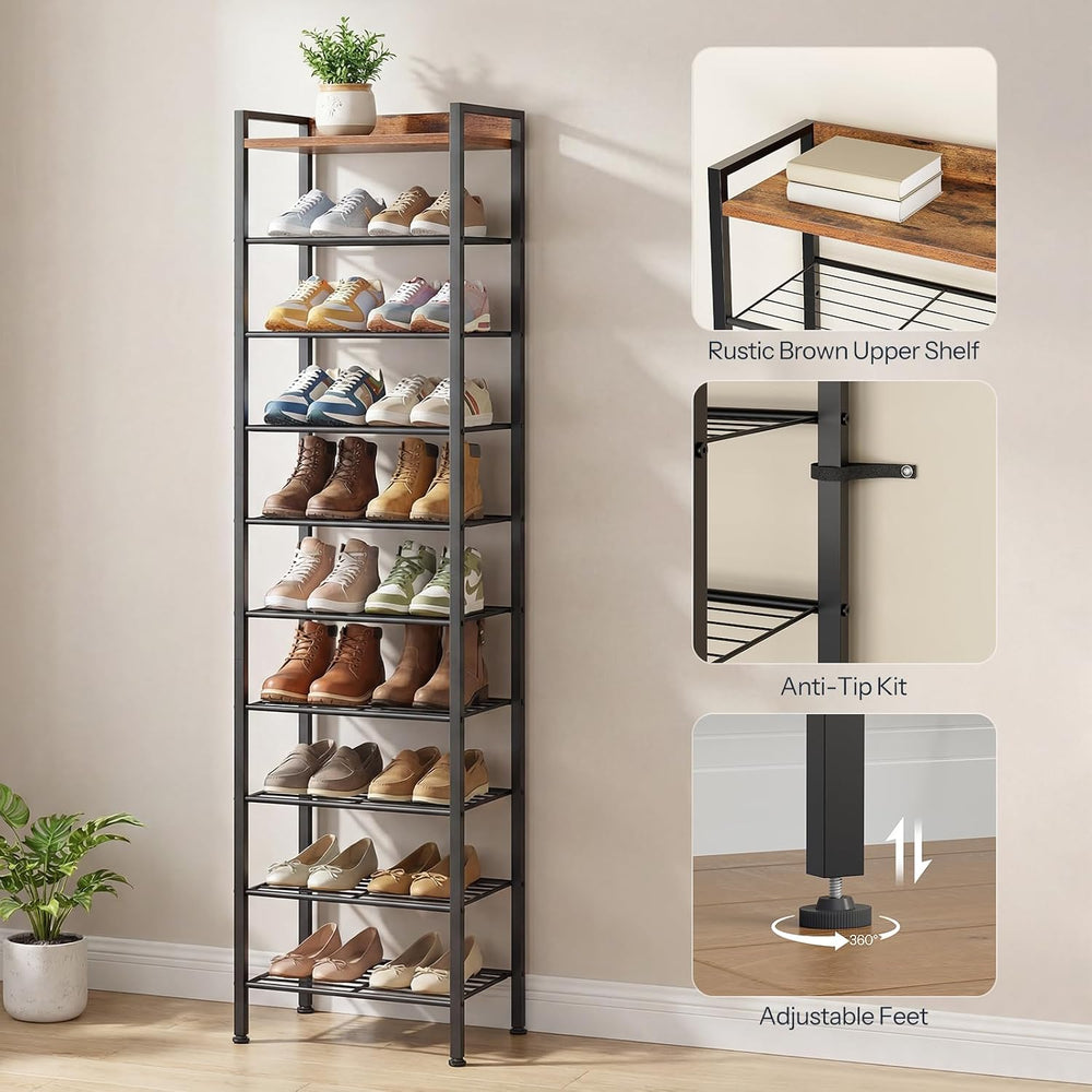 HOOBRO 10 Tier Shoe Rack Organizer with Wooden Top, Narrow Shoe Storage Shelf...