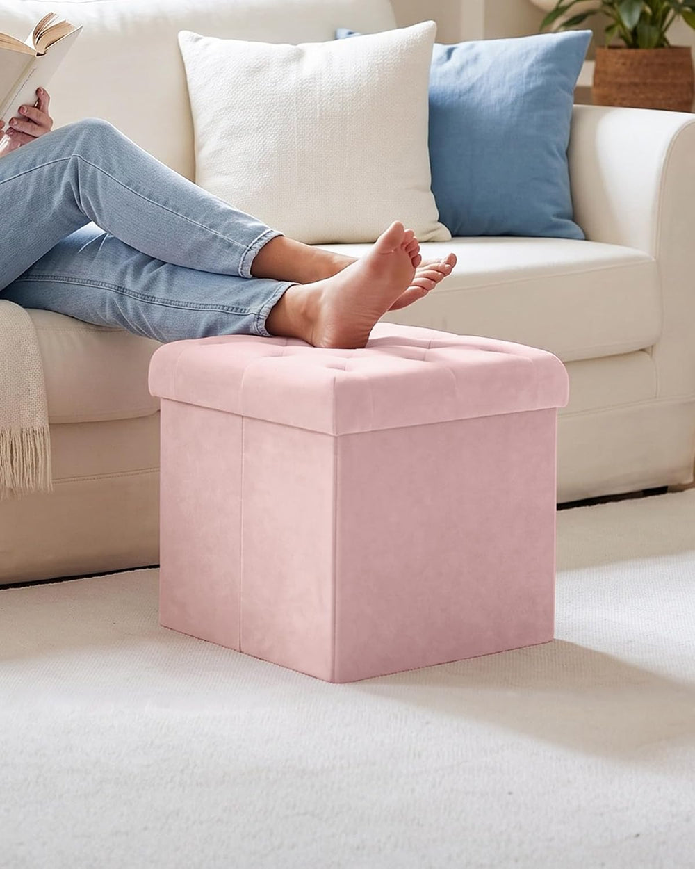 B FSOBEIIALEO Storage Ottoman Cube, Velvet Tufted Folding Ottomans with Lid, ...