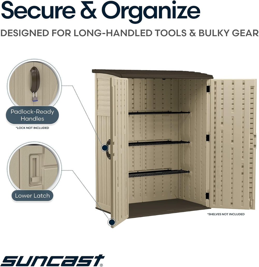 Suncast Outdoor Storage Shed, Water Resistant Resin Vertical Outdoor Storage ...