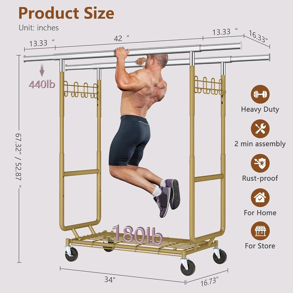 Hoctieon 2-Minute Assembly Double Rod Clothes Rack, Heavy Duty Rolling Clothi...