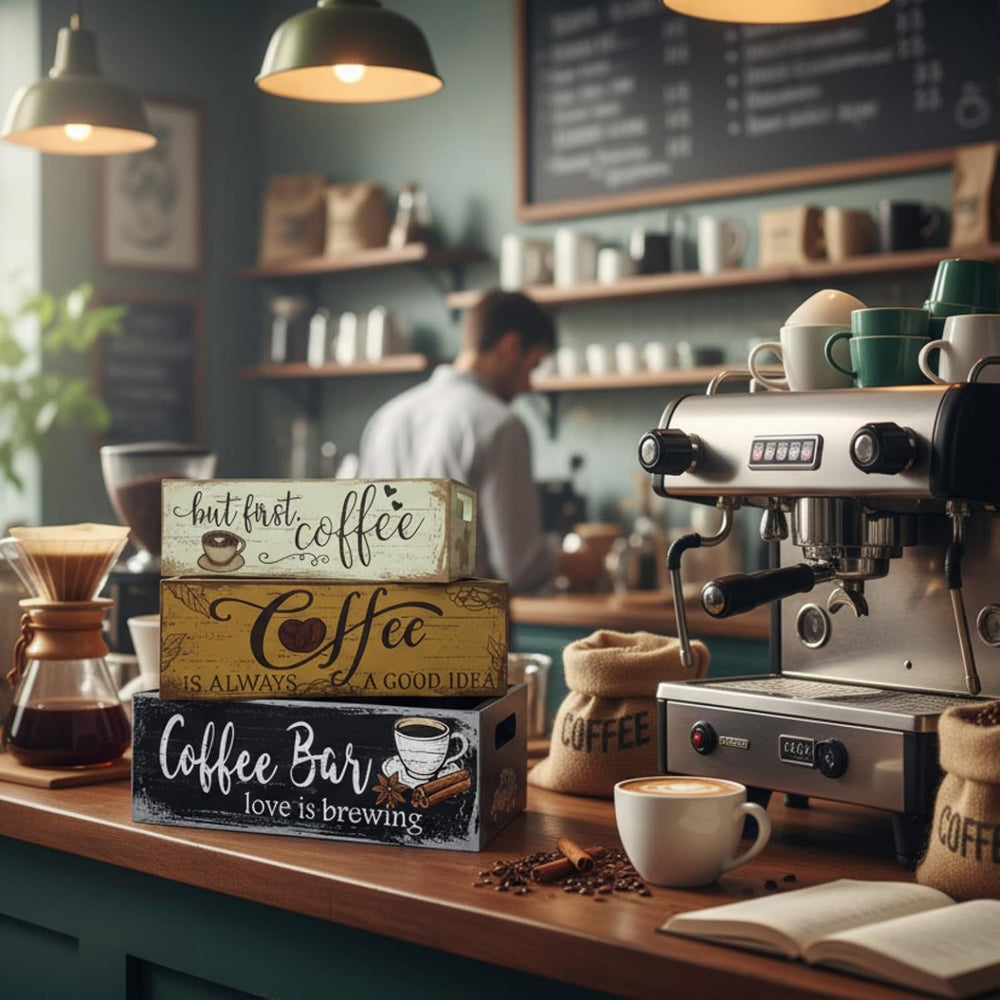 3 Pcs Christmas Wood Crate with Words Coffee Bar Love Is Brewing