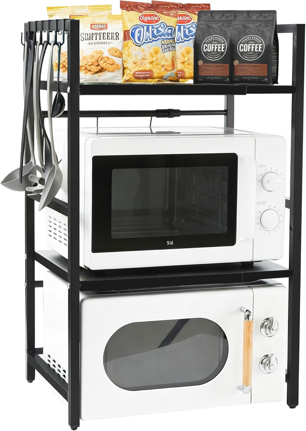 Expandable 3-Tier Microwave Rack with 6 Hooks, Adjustable Storage Shelf