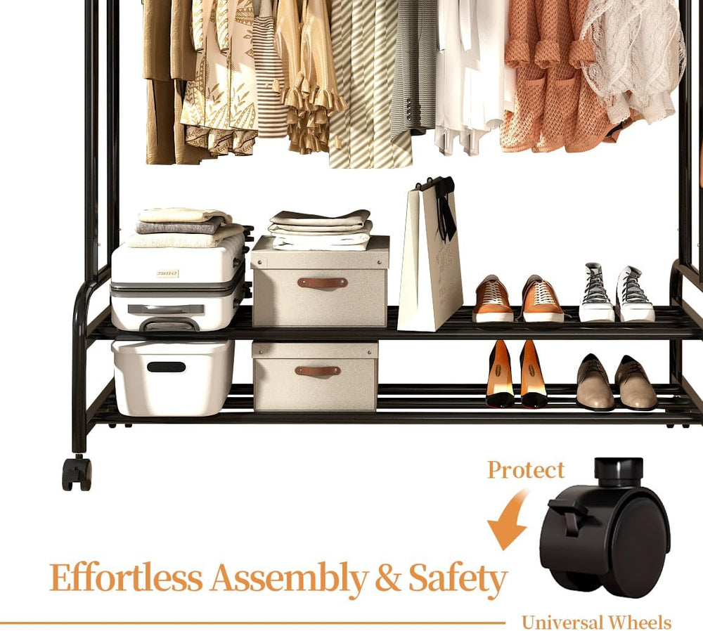 Antiwar Sturdy Metal Double Rodding Clothes Rack With Wheels, Portable Clothi...
