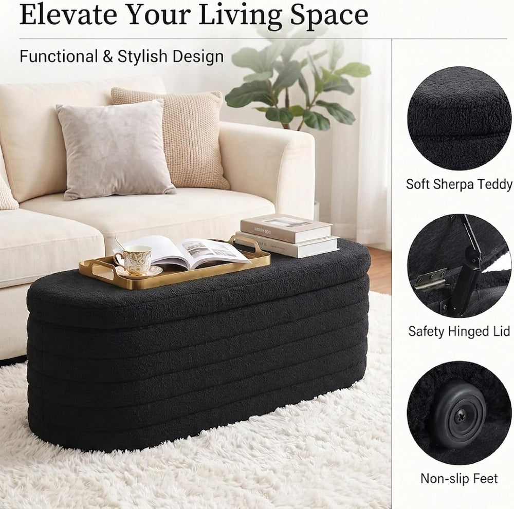 45.5" Black Ottoman with Storage, Sherpa
