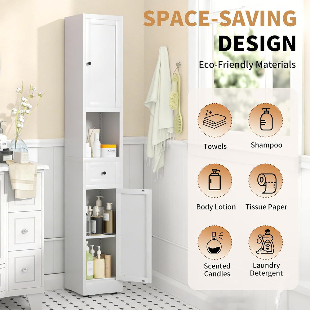 71" Tall Bathroom Storage Cabinet, Slim Corner Cabinet with 2 Doors, White
