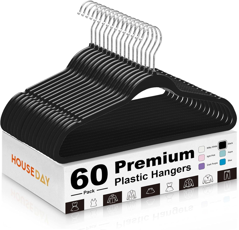 HOUSE DAY Black Plastic Hangers 60 Pack, Ultra-Thin Heavy Duty Non-Velvet