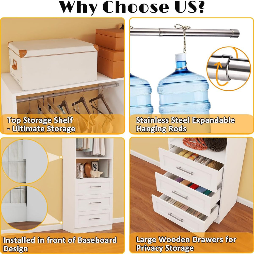 Closet System with 3 Drawers, 4FT-10FT Closet Organizer Systems with 5 Hangin...