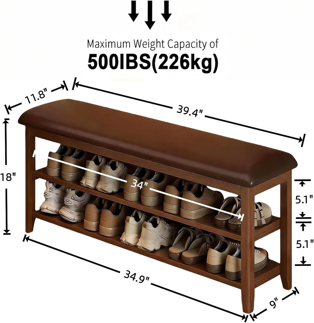 Wooden Shoe Storage Bench with Leather Cushion, Dark Brown, 39.4"