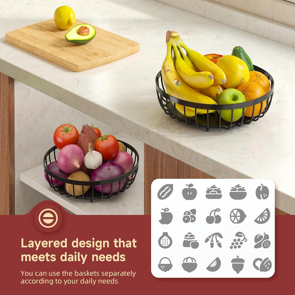 Sevenblue 2 Tier Fruit Bowl for Kitchen Counter, Black, Extra Large