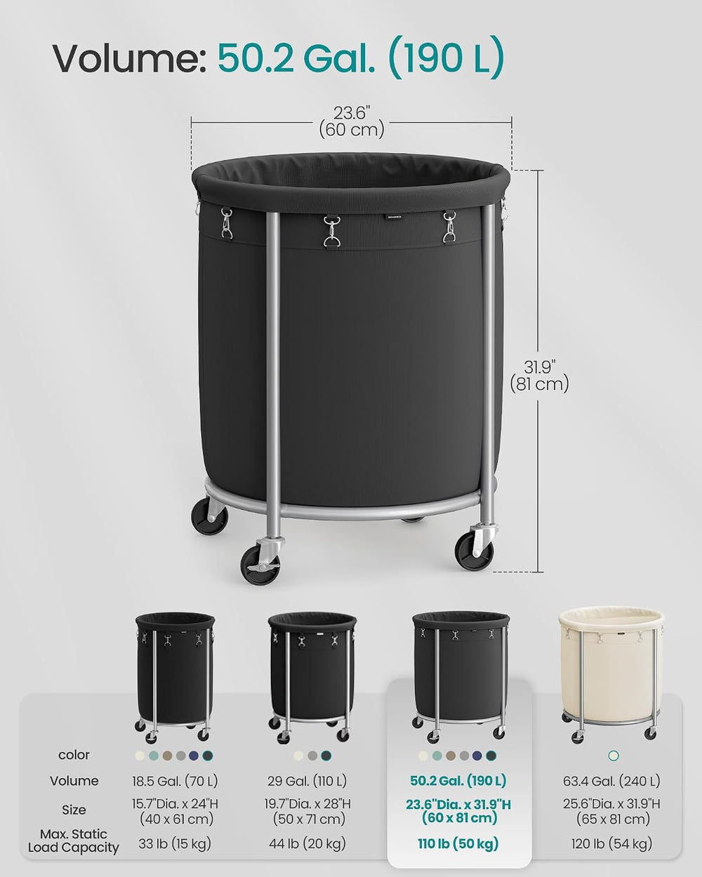 SONGMICS Laundry Basket with Wheels,190L, Steel Frame, Removable Bag