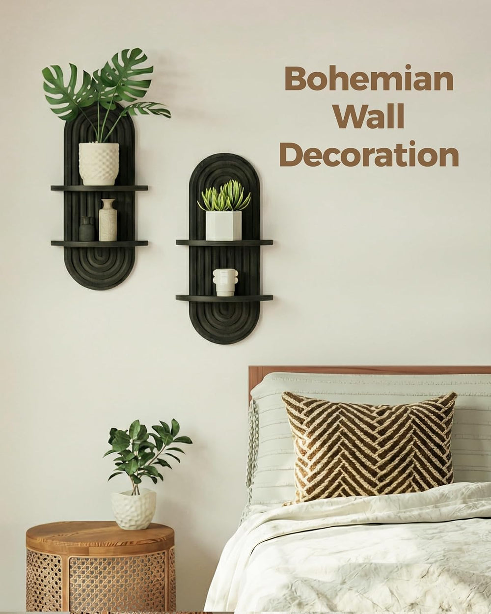 Bamworld Boho Wall Decor Plant Wall Shelf Wood Plant Holder Walnut 2PCS