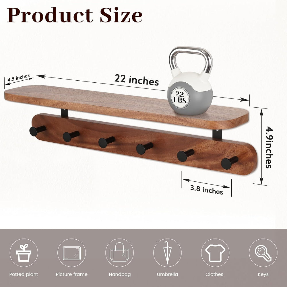 Coat Rack Wall Mount with Shelf, 22" Walnut Wood Wall Shelf with Hooks, ...