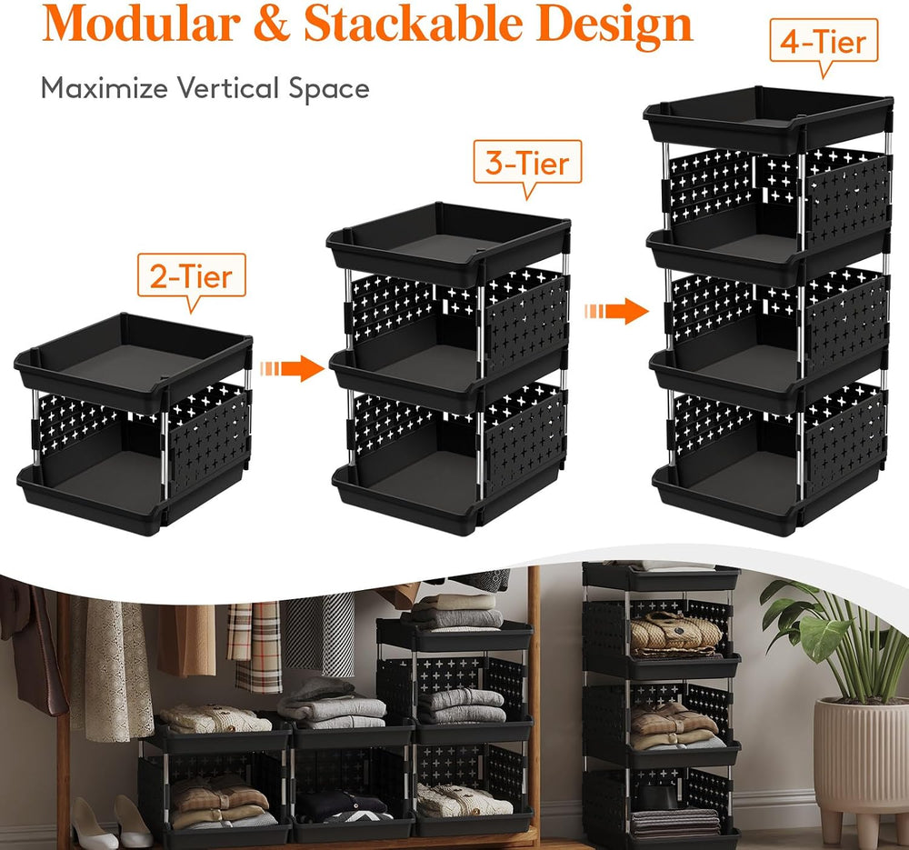 Lifewit 4 Tier Plastic Stackable Storage Baskets for Clothes 1 Pack, Black