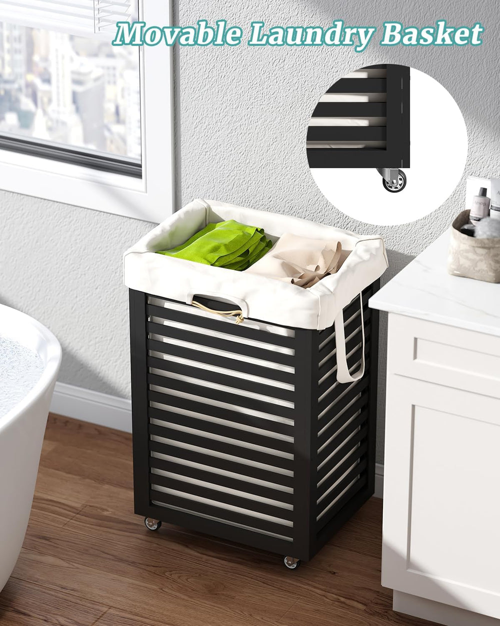 Laundry Basket with Wheels, Rolling Laundry Hamper, Bamboo Wood Laundry Cart ...